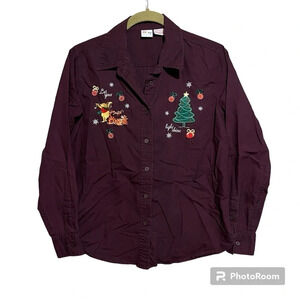Vintage Disney Winnie The Pooh Embroidered Christmas Shirt Sz M Tigger Tree
